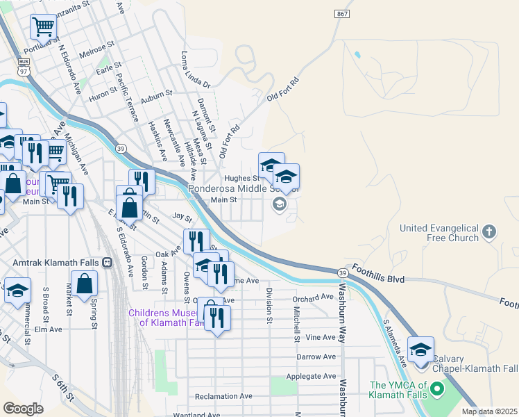 map of restaurants, bars, coffee shops, grocery stores, and more near 114 South Williams Avenue in Klamath Falls