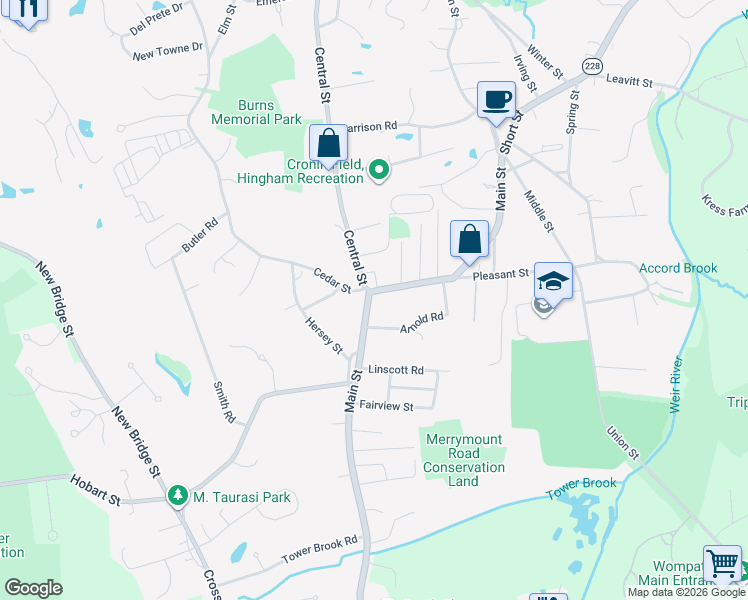 map of restaurants, bars, coffee shops, grocery stores, and more near 424 Main Street in Hingham