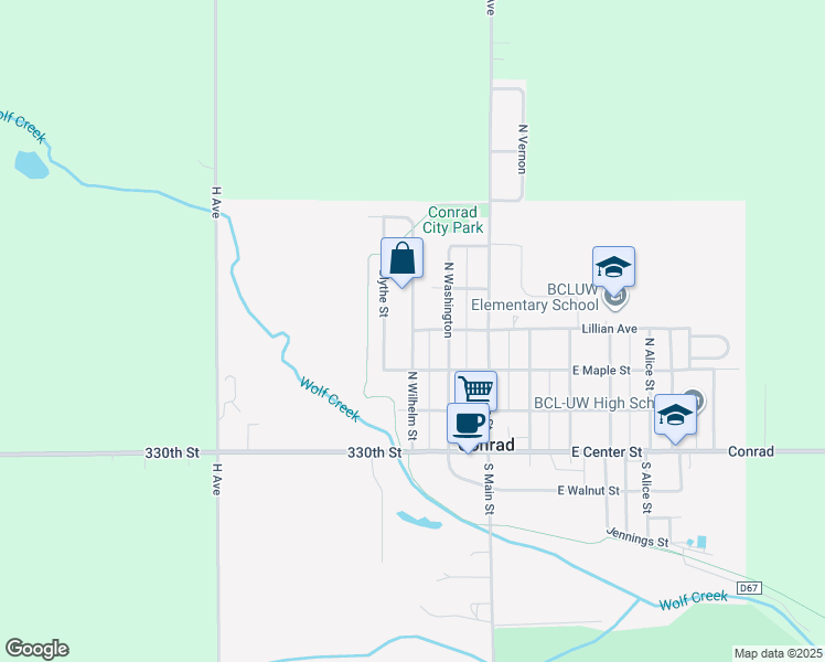 map of restaurants, bars, coffee shops, grocery stores, and more near North Wilhelm Street in Conrad