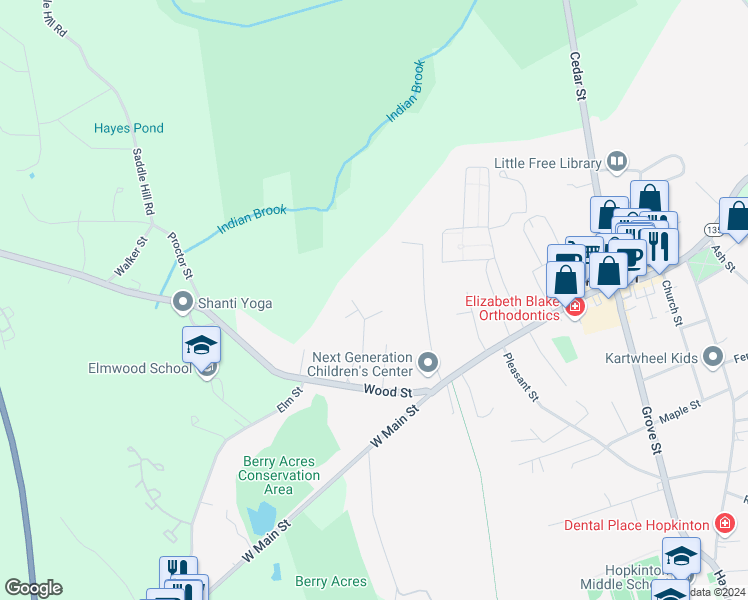 map of restaurants, bars, coffee shops, grocery stores, and more near 3 Baker Lane in Hopkinton