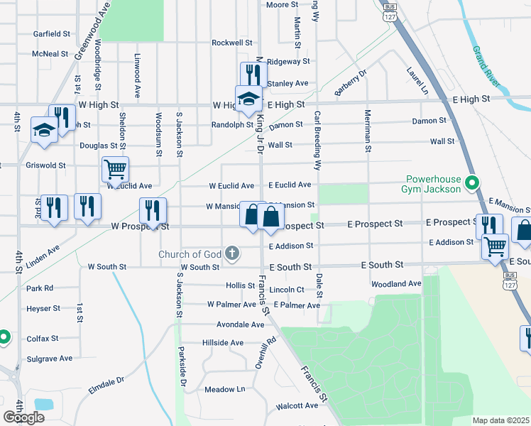 map of restaurants, bars, coffee shops, grocery stores, and more near 1805 Francis Street in Jackson