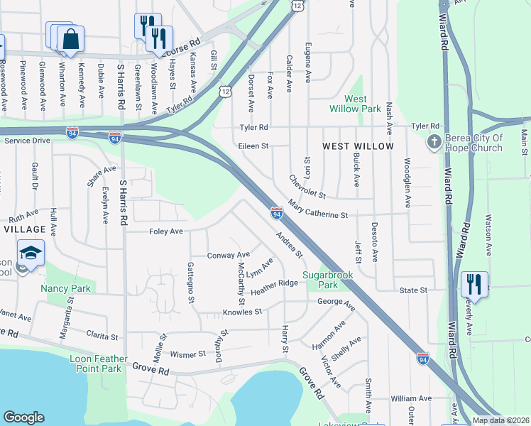 map of restaurants, bars, coffee shops, grocery stores, and more near 1361 Andrea Street in Ypsilanti