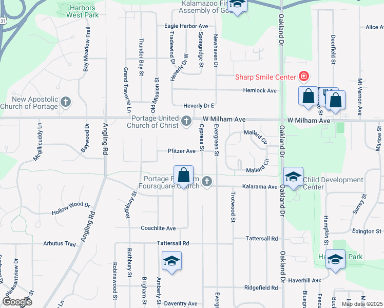 map of restaurants, bars, coffee shops, grocery stores, and more near 2719 Pfitzer Avenue in Portage