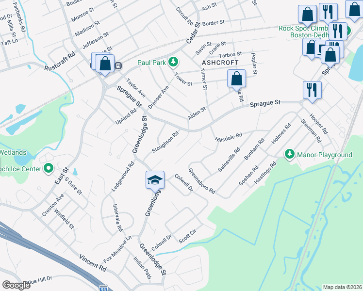 map of restaurants, bars, coffee shops, grocery stores, and more near 51 Westchester Circle in Dedham