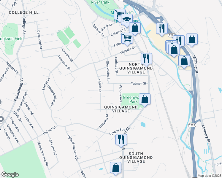 map of restaurants, bars, coffee shops, grocery stores, and more near 16 Peacedale Avenue in Worcester