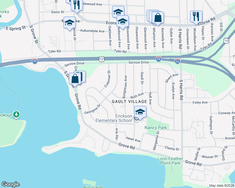 map of restaurants, bars, coffee shops, grocery stores, and more near 1220 Borgstrom Avenue in Ypsilanti