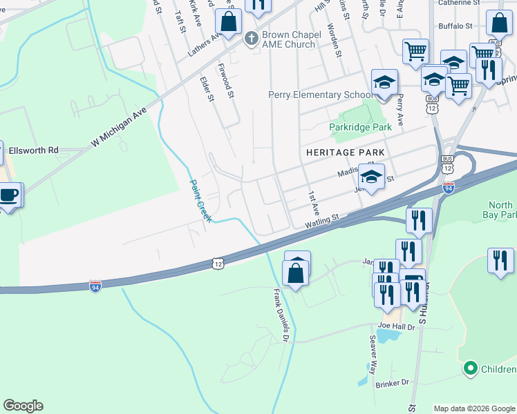 map of restaurants, bars, coffee shops, grocery stores, and more near 1101 Monroe Street in Ypsilanti