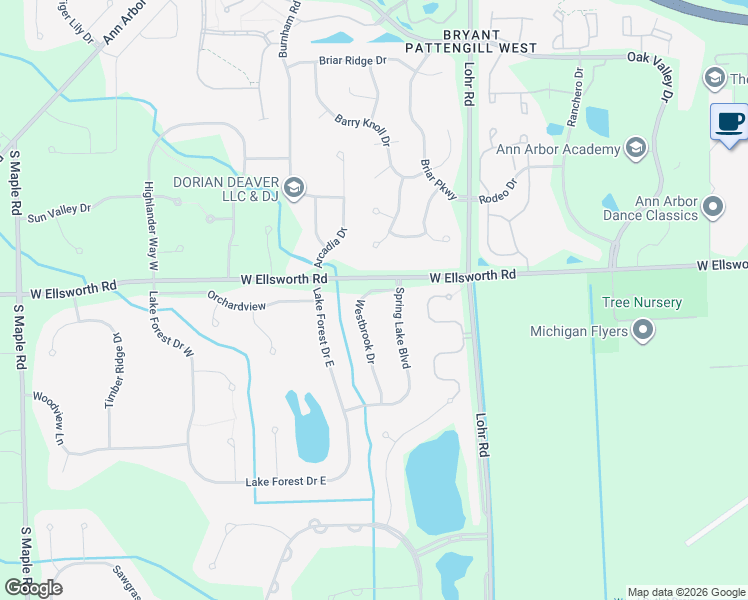map of restaurants, bars, coffee shops, grocery stores, and more near 4050 Spring Lake Boulevard in Ann Arbor