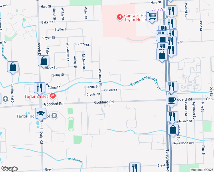 map of restaurants, bars, coffee shops, grocery stores, and more near 24970 Crisler Street in Taylor