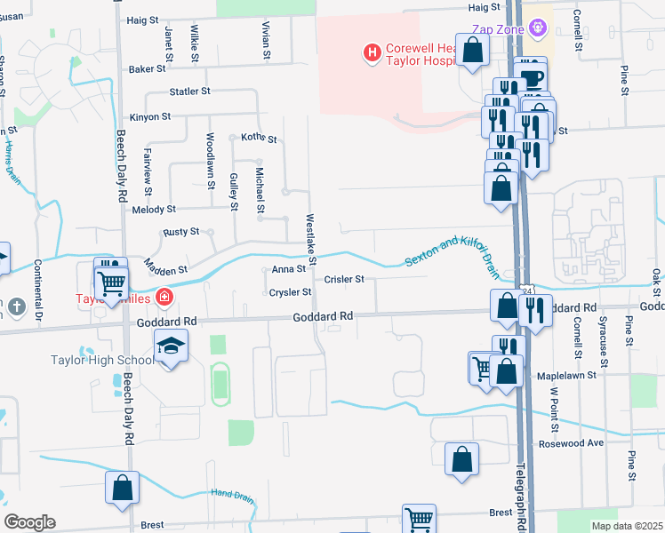 map of restaurants, bars, coffee shops, grocery stores, and more near 24970 Crisler St in Taylor