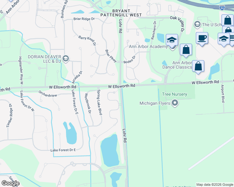 map of restaurants, bars, coffee shops, grocery stores, and more near 4011 Boulder Pond Drive in Ann Arbor