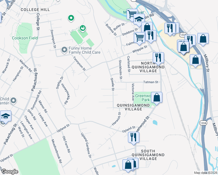 map of restaurants, bars, coffee shops, grocery stores, and more near 26 Peacedale Avenue in Worcester