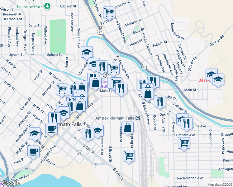 map of restaurants, bars, coffee shops, grocery stores, and more near 1434 Main Street in Klamath Falls