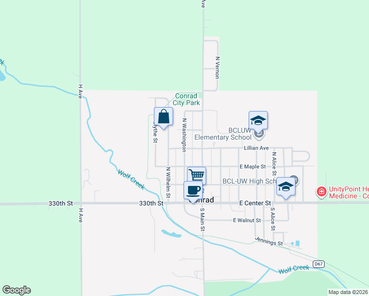 map of restaurants, bars, coffee shops, grocery stores, and more near 199 W Lillian Ave in Conrad