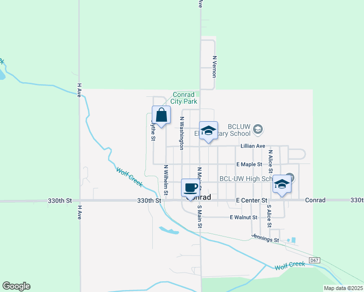 map of restaurants, bars, coffee shops, grocery stores, and more near W Lillian Ave in Conrad