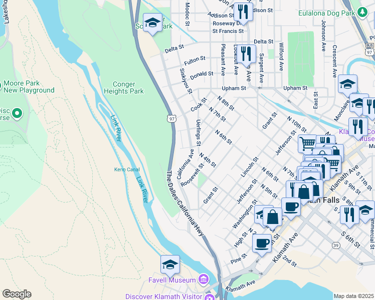map of restaurants, bars, coffee shops, grocery stores, and more near 942 California Avenue in Klamath Falls