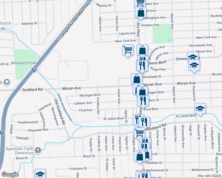 map of restaurants, bars, coffee shops, grocery stores, and more near 2111 Moran Ave in Lincoln Park