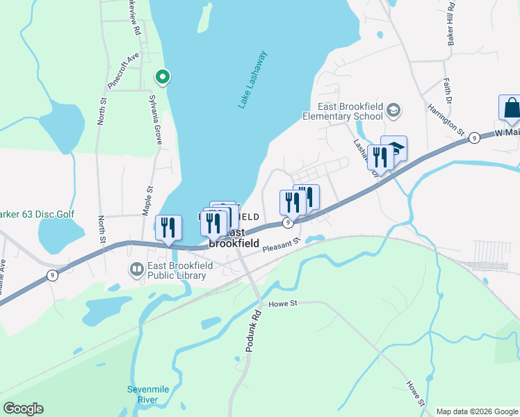 map of restaurants, bars, coffee shops, grocery stores, and more near 112 Gleason Avenue in East Brookfield