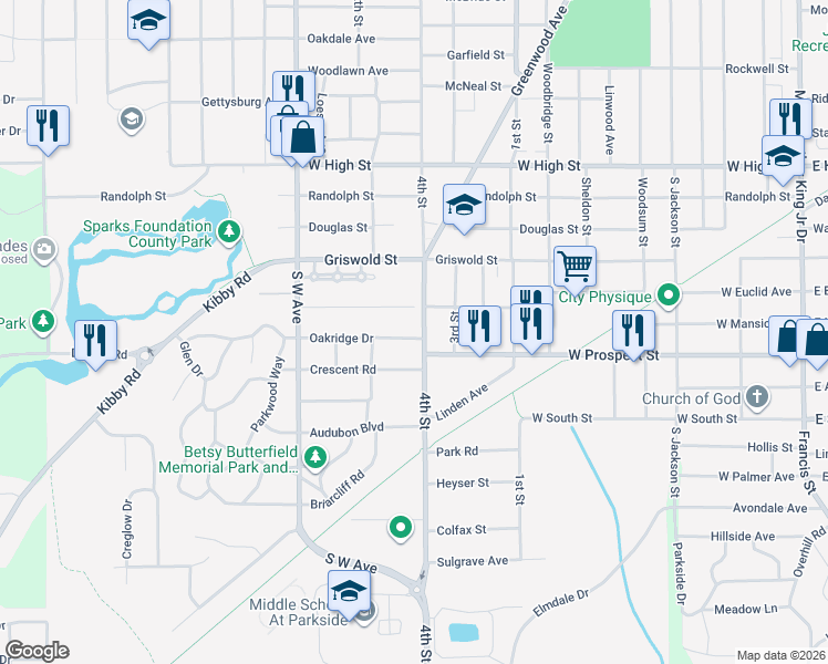 map of restaurants, bars, coffee shops, grocery stores, and more near 1714 4th Street in Jackson