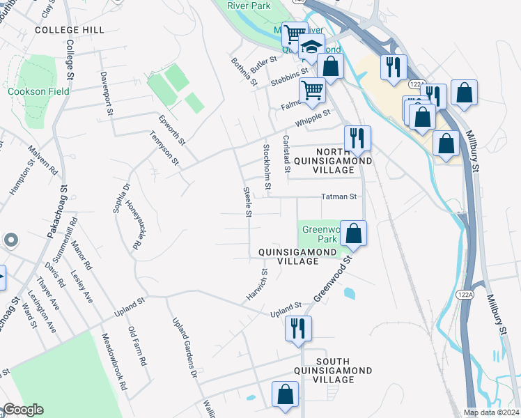 map of restaurants, bars, coffee shops, grocery stores, and more near 16 Peacedale Avenue in Worcester