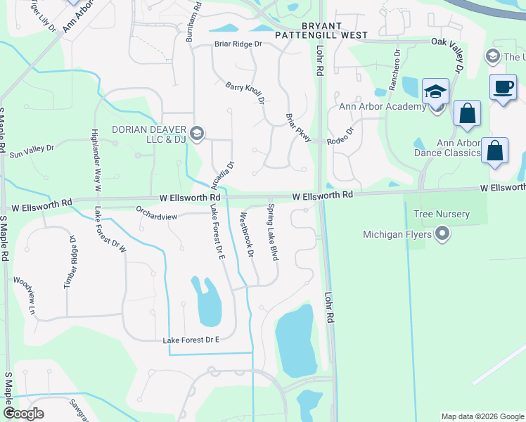 map of restaurants, bars, coffee shops, grocery stores, and more near 4050 Spring Lake Boulevard in Ann Arbor