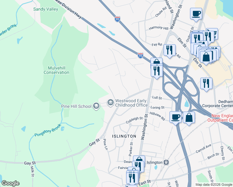 map of restaurants, bars, coffee shops, grocery stores, and more near 1A Laura Lane in Westwood