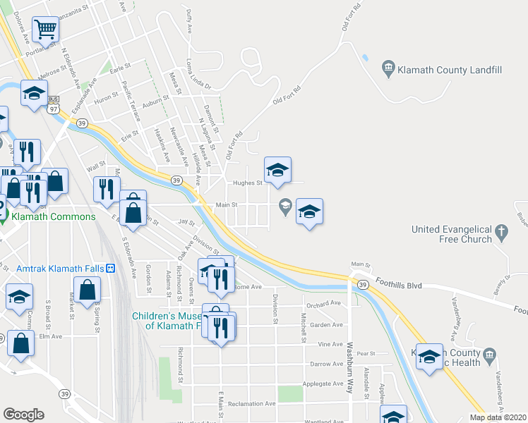 map of restaurants, bars, coffee shops, grocery stores, and more near 106 South Williams Avenue in Klamath Falls