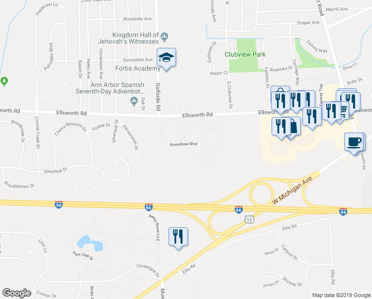 map of restaurants, bars, coffee shops, grocery stores, and more near 735 Clubhouse Drive in Ypsilanti