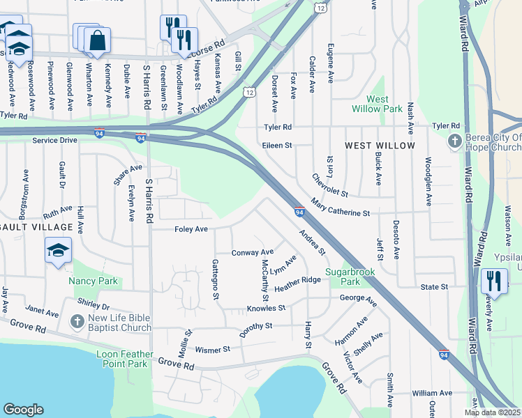 map of restaurants, bars, coffee shops, grocery stores, and more near 1704 Foley Avenue in Ypsilanti
