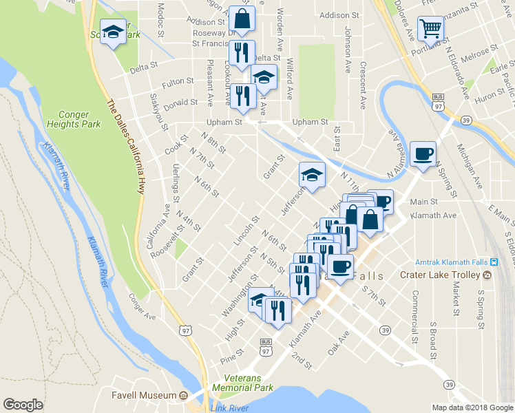 map of restaurants, bars, coffee shops, grocery stores, and more near 604 North 7th Street in Klamath Falls