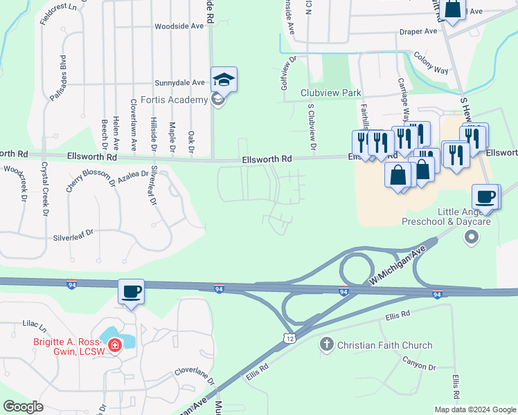 map of restaurants, bars, coffee shops, grocery stores, and more near 715 Clubhouse Drive in Ypsilanti