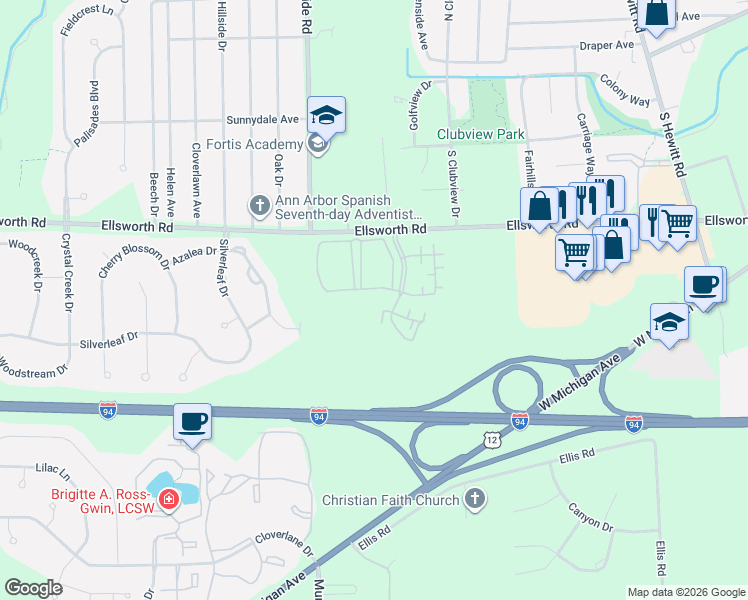 map of restaurants, bars, coffee shops, grocery stores, and more near 721 Clubhouse Drive in Ypsilanti