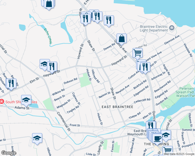 map of restaurants, bars, coffee shops, grocery stores, and more near 49 Hillcrest Road in Braintree