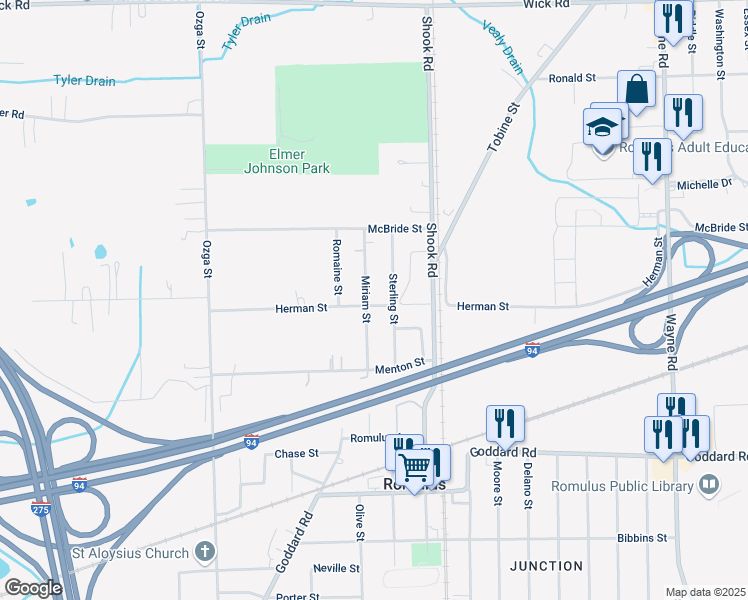 map of restaurants, bars, coffee shops, grocery stores, and more near 10165 Miriam Street in Romulus