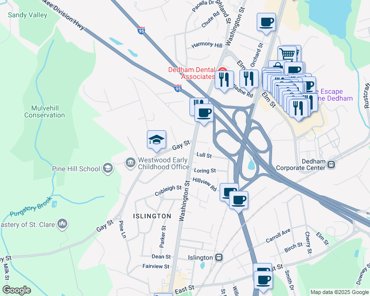 map of restaurants, bars, coffee shops, grocery stores, and more near 895 Gay Street in Westwood