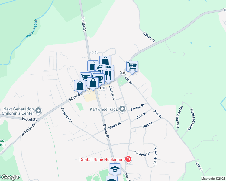 map of restaurants, bars, coffee shops, grocery stores, and more near 10 Church Street in Hopkinton