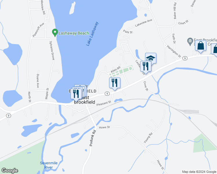 map of restaurants, bars, coffee shops, grocery stores, and more near 109 Gleason Avenue in East Brookfield