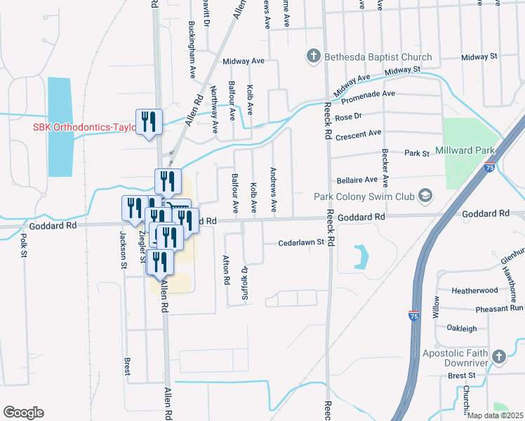 map of restaurants, bars, coffee shops, grocery stores, and more near 8620 Goddard Road in Allen Park