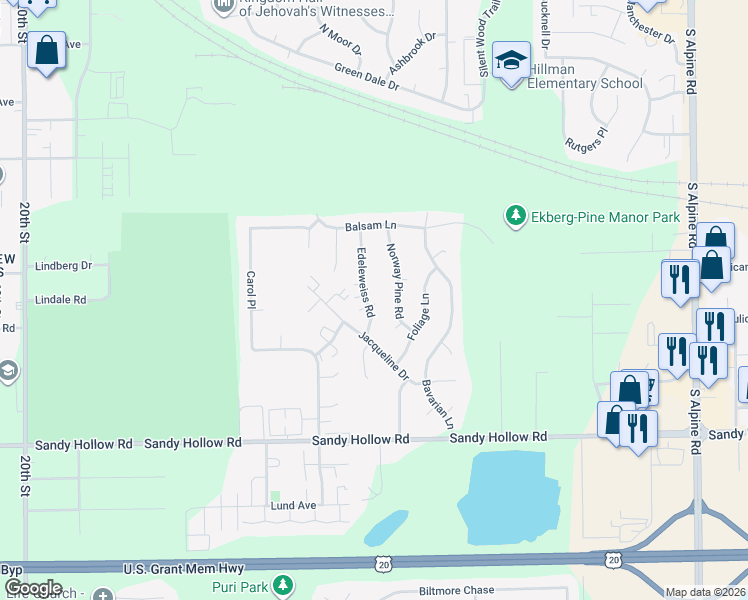map of restaurants, bars, coffee shops, grocery stores, and more near 3005 Edelweiss Road in Rockford