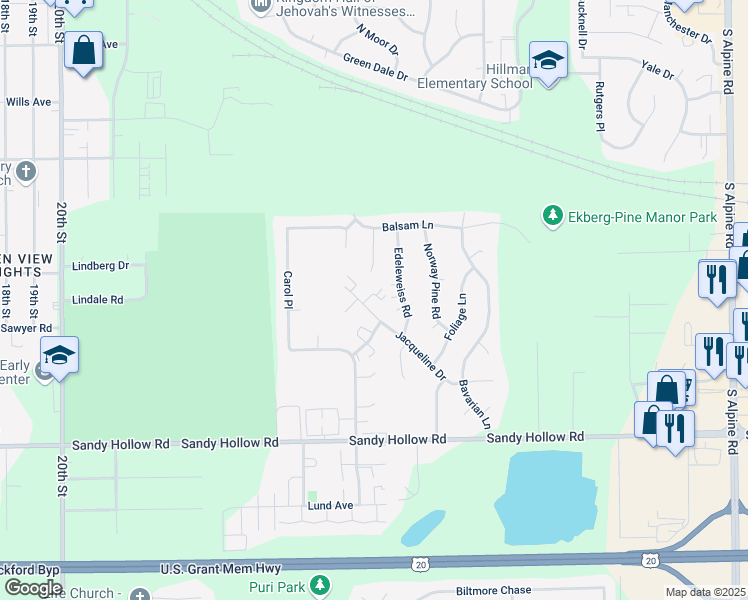 map of restaurants, bars, coffee shops, grocery stores, and more near 11 Jacqueline Court in Rockford