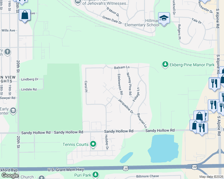 map of restaurants, bars, coffee shops, grocery stores, and more near 11 Jacqueline Court in Rockford