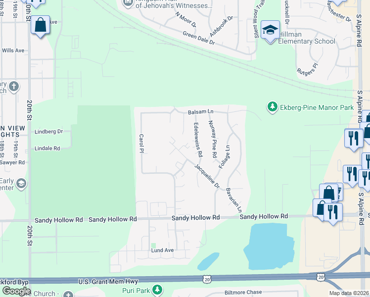 map of restaurants, bars, coffee shops, grocery stores, and more near 3120 Jacqueline Drive in Rockford