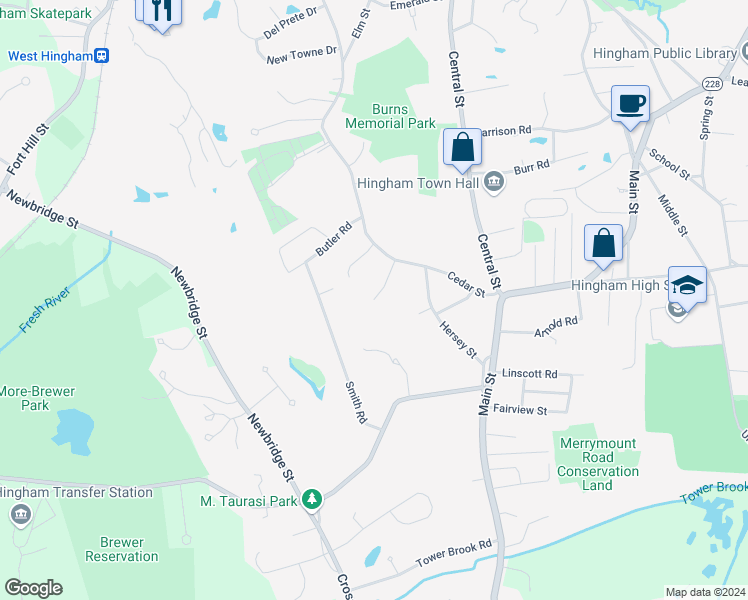 map of restaurants, bars, coffee shops, grocery stores, and more near 98 Coolidge Avenue in Hingham