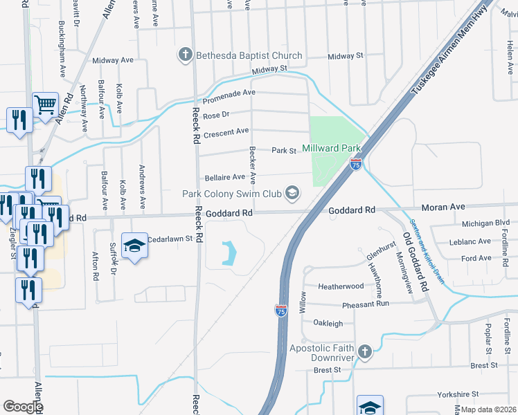 map of restaurants, bars, coffee shops, grocery stores, and more near 895 Becker Avenue in Allen Park