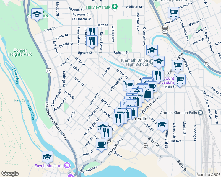 map of restaurants, bars, coffee shops, grocery stores, and more near 506 North 8th Street in Klamath Falls