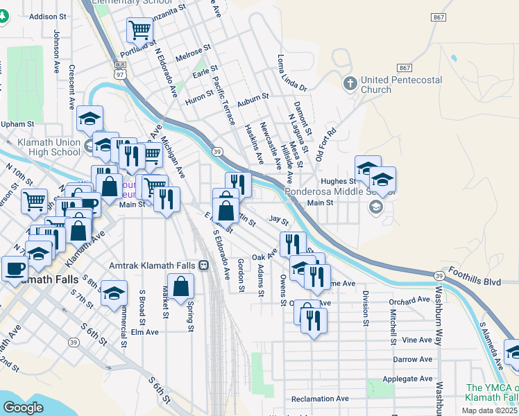 map of restaurants, bars, coffee shops, grocery stores, and more near 1900 Main Street in Klamath Falls