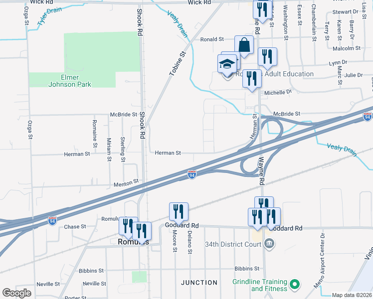 map of restaurants, bars, coffee shops, grocery stores, and more near 35896 Herman Street in Romulus
