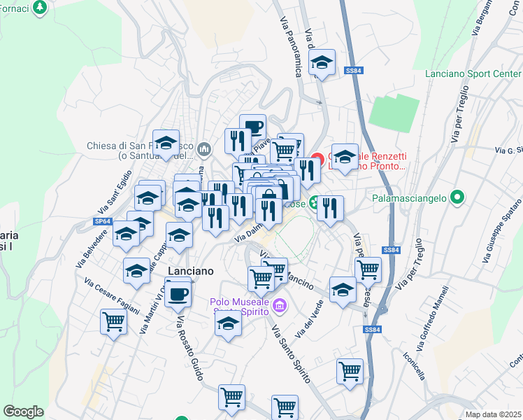 map of restaurants, bars, coffee shops, grocery stores, and more near 13 Via Dalmazia in Lanciano