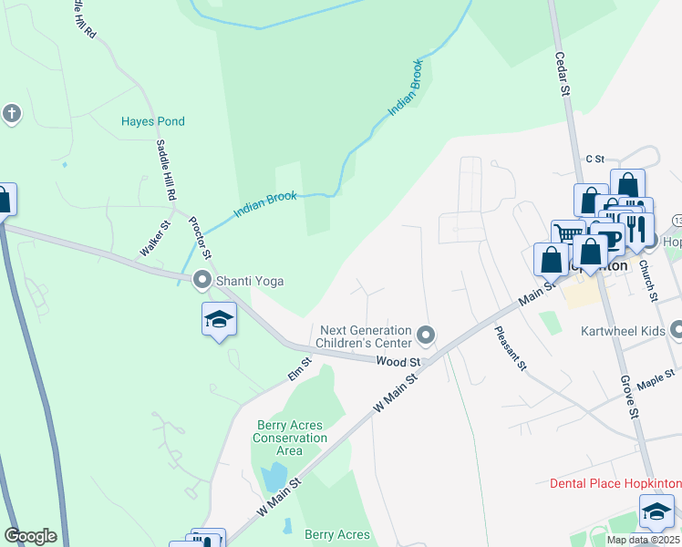 map of restaurants, bars, coffee shops, grocery stores, and more near 21 Oliver Lane in Hopkinton