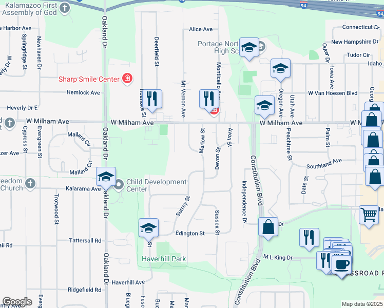 map of restaurants, bars, coffee shops, grocery stores, and more near 1429 Bradford Street in Portage